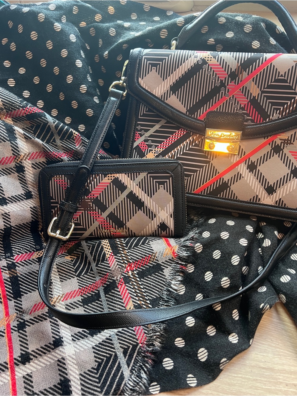 Vera Bradley Sophia Plaid 3pc Set: Satchel Wallet Scarf